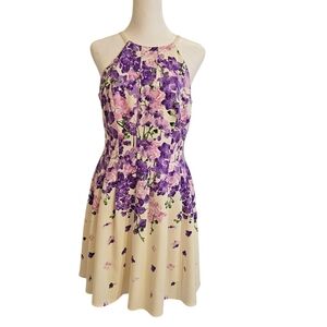 ADRIANNA PAPELL‎ IVORY PURPLE FLORAL HALTER NECK SLEEVELESS FIT & FLARE DRESS